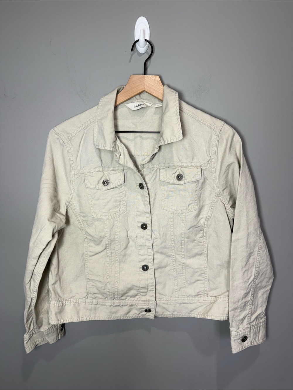 L.L.Bean Linen Cotton Jacket Small Petite Light Beige Utility Button Front